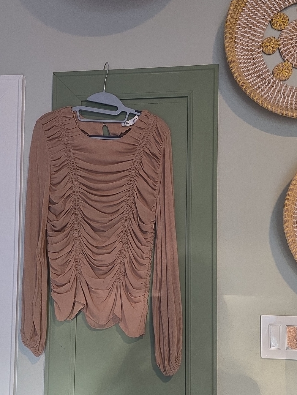 Ruched Long-Sleeve Top in Taupe